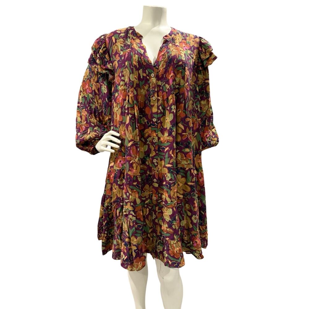 Easel Los Angeles Sz M Dress Floral Tier Ruffle Sleeve Rayon Boho Cottage Flowy